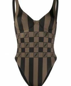 Fendi FF motif striped swimsuit