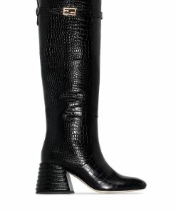Fendi logo-plaque crocodile-embossed knee-high boots