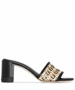 Fendi FF-interlaced raffia mules