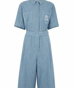 Fendi FF-embroidered short-sleeve denim playsuit